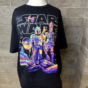 Star Wars Neon Mandalorian Graphic Tee – Retro Sci-Fi T-Shirt Size L